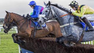 Horses jumping fence